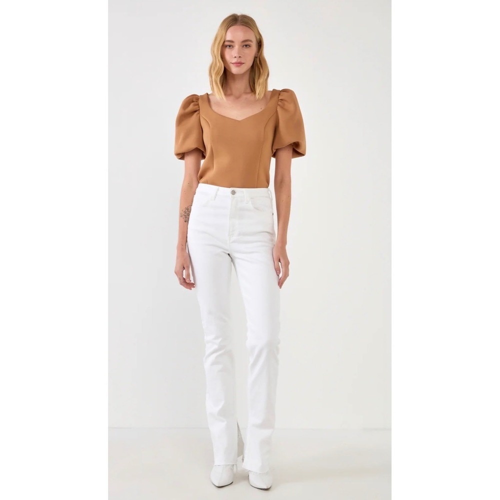 English Factory Puff Sleeve Sweetheart Neckline Top‎ Camel Brown Size Small